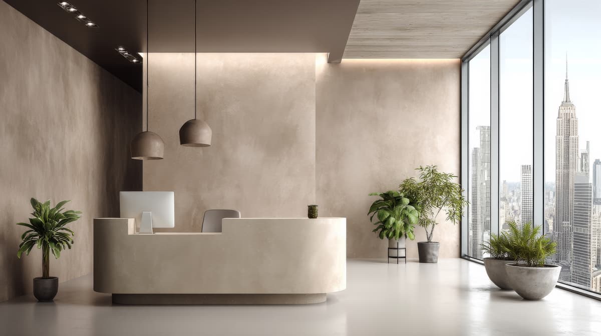 Modern office reception with microcement feature wall