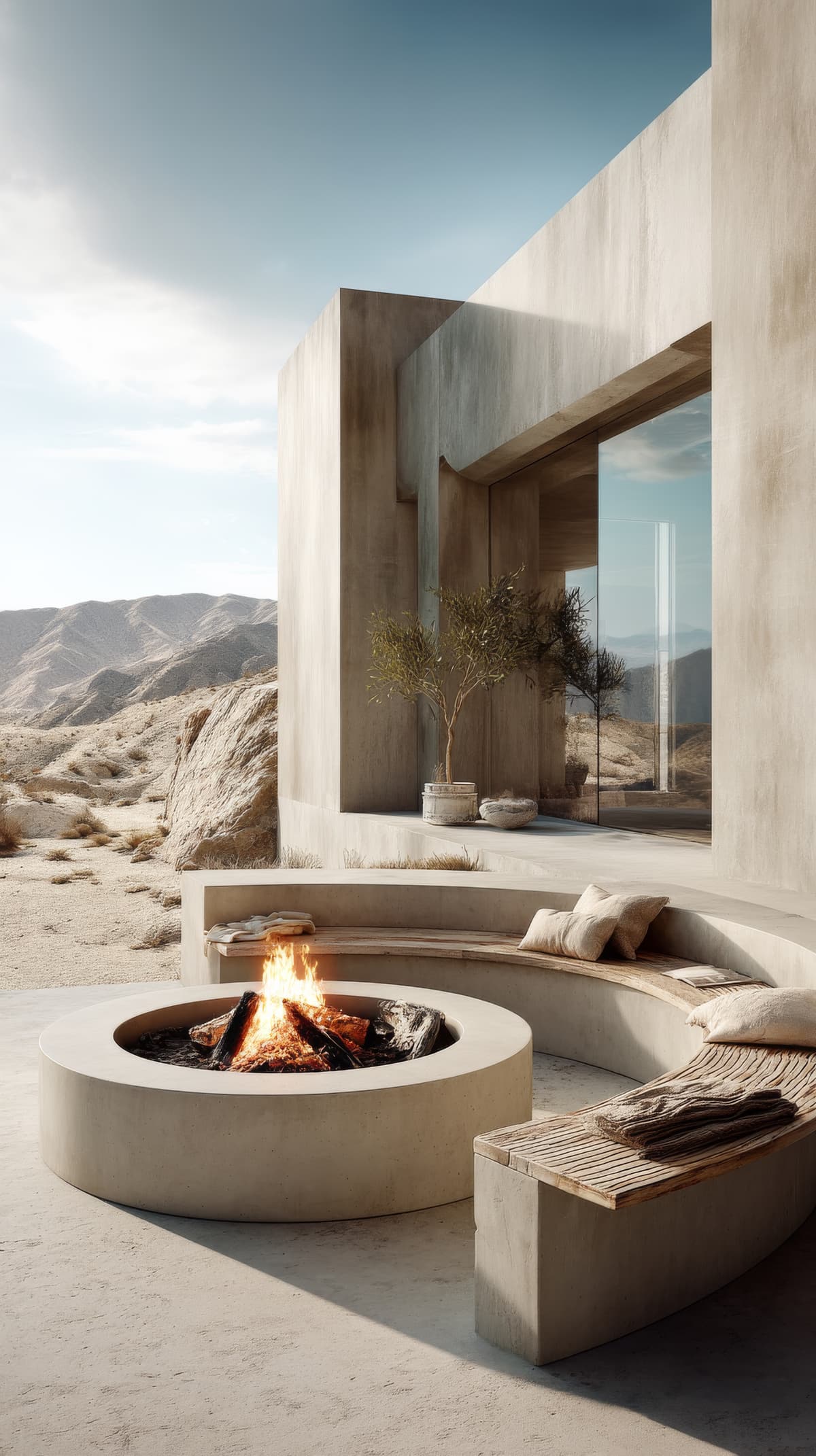 Outdoor microcement fire pit and seating area