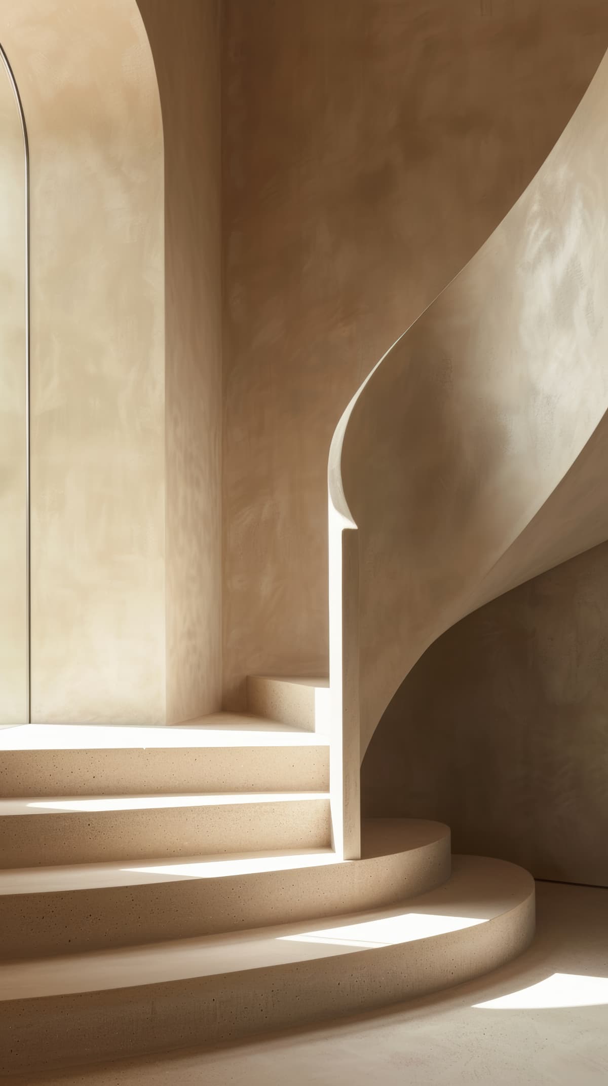 Vertical arched hallway with Venetian plaster walls