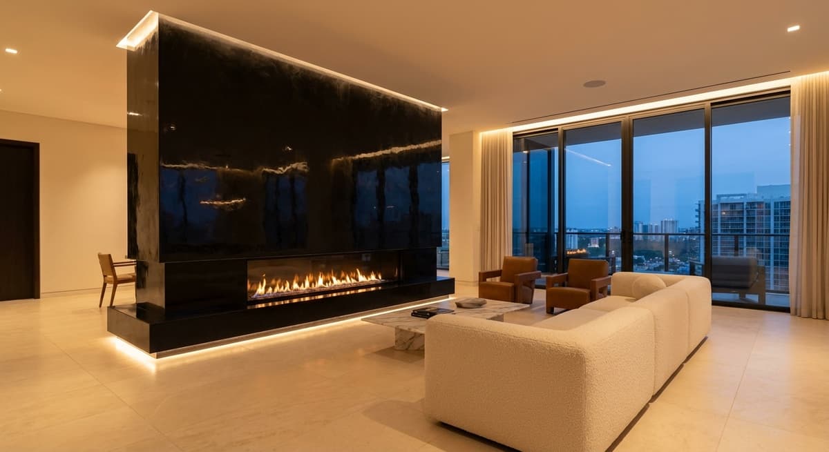 Black gloss Venetian plaster fireplace surround